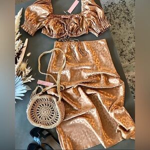 Stylish Leopard Print Satin Skirt and Top Set